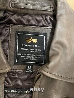 Alpha Industries Leather Bomber Jacket Brown Medium Good Condition
