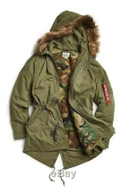 Alpha Industries Mens J-4 Fishtail Parka Jacket Olive Green Fur Hood Size Medium