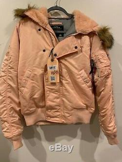 Alpha Industries N-2B Peach Pink Winter Coat Faux Fur Trim Hood Bomber Sz M NWT