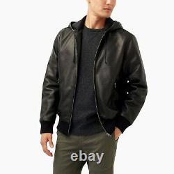 Black Leather Jacket Men Bomber Hood Lambskin Size XS S M L XL XXL Custom Made