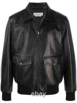 Black Leather Jacket Men Bomber Pure Lambskin Size XS S M L XL XXL Custom Made