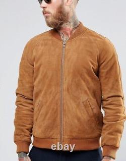 Brown Bomber Leather Jacket for Men Pure Suede Size S M L XL XXL Custom Made