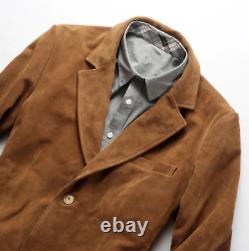 Brown Leather Blazer Men Pure Suede Coat Jacket 2 Button Size S M L XL XXL