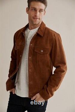 Brown Leather Trucker Jacket for Men Pure Suede Custom Made Size S M L XXL 3XL