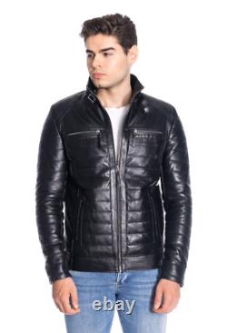 Genuine Men Soft Lambskin Black Bomber Winter Coat Leather Padded Puffer Jacket