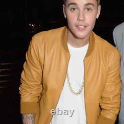 Justin Bieber Yellow Lambskin Bomber Leather Jacket Size S M L XL 2XL Customize