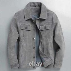 Leather Trucker Jacket for Men Gray Pure Suede Custom Made Size S M L XXL 3XL