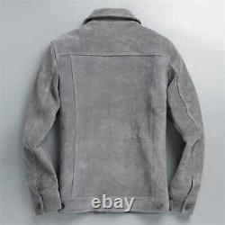 Leather Trucker Jacket for Men Gray Pure Suede Custom Made Size S M L XXL 3XL