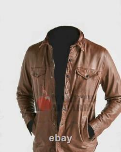 Masculine Edge Design Stretchy Men's Brown Waxy Soft Real Leather Western Shirt