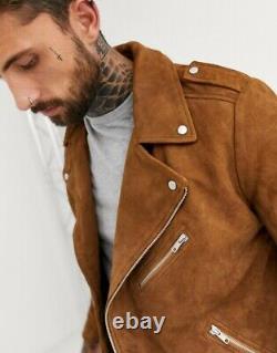 Men Brown Leather Jacket Pure Suede Biker Motorcycle Size XS S M L XL XXL 3XL