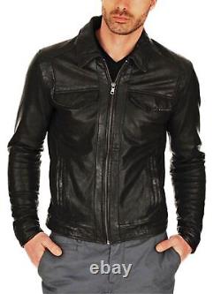 Men's Black Leather Jacket Lambskin Biker Racer Cafe Short Motorcycle Gift Sale