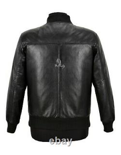 Men's Bomber Leather Jacket Black Lambskin Classic Retro Fashion Biker Jacket
