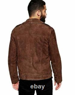 Men's Brown Suede Genuine Leather Jacket Lambskin Biker Racer Cafe Motorcycle