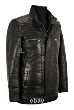 Men's Quilted Leather Jacket Black Napa Semi Veg Leather Winter classic Jacket