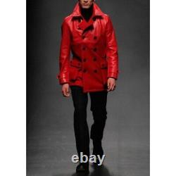 Men's Red Halloween Long Trench Coat Lamb Leather S M L XL XXL 3XL Custom Made