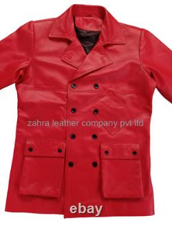 Men's Red Halloween Long Trench Coat Lamb Leather S M L XL XXL 3XL Custom Made