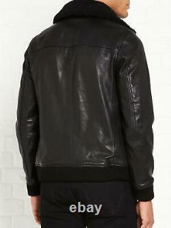 Mens Black Leather Jacket Aviator Bomber Pure Lambskin Jacket Size XS S M L XL