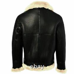 Mens Black Leather Jacket Genuine Sheepskin Aviator Fur B3 Bomber