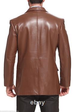 Mens Brown Leather Blazer Pure Lambskin Jacket Soft TWO BUTTON Coat All Sizes