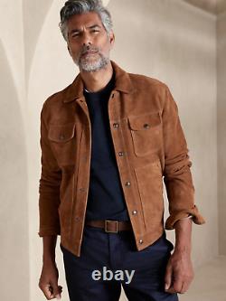 Mens Brown Leather Trucker Jacket Pure Suede Custom Made Size S M L XL 2XL 3XL