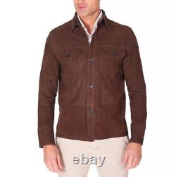 Mens Brown Suede Shirt Leather Trucker Jacket Custom Made Size S M L XL 2XL 3XL