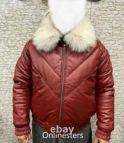 Mens Bubble V Bomber Sheepskin Leather Jacket Wine-red Real Fox Fur Collar