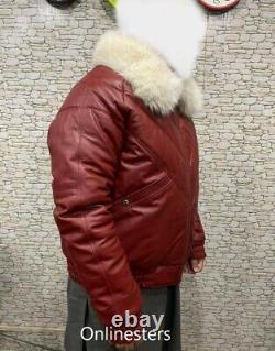 Mens Bubble V Bomber Sheepskin Leather Jacket Wine-red Real Fox Fur Collar