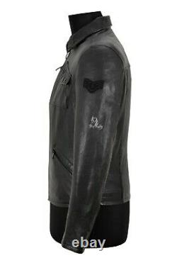 Mens Leather Jacket Black Veg Tanned Vintage Washed Effect 70's Leather Jacket