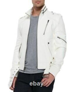 New White Leather Jacket Men Biker Moto Pure Lambskin Slim Size S M L XL XXL