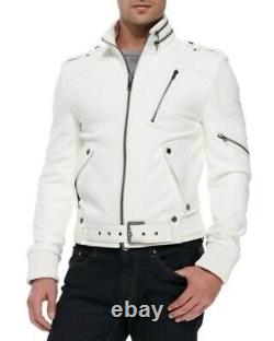 New White Leather Jacket Men Biker Moto Pure Lambskin Slim Size S M L XL XXL