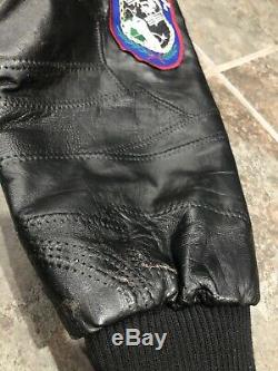 VTG Alpha Industries Black Leather Patchwork NASA Patch Jacket Mens Medium