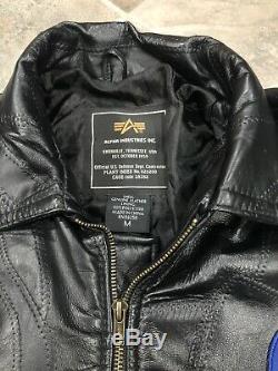 VTG Alpha Industries Black Leather Patchwork NASA Patch Jacket Mens Medium