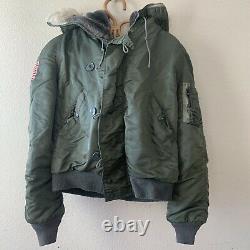 Vintage USAF N-2B Alpha Flight Jacket M Green Hooded Military Bomber Patches