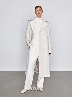 Women Orginial Leather Long Coat Real Lambskin Stylish White Belted Trench Coat