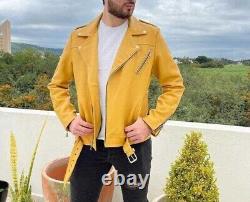 Yellow Leather Jacket Men Pure Lambskin Biker Moto Jacket Size XS S M L XL XXL