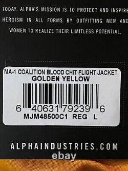 Alpha Industries MA-1 Coalition Blood Chit Flight Jacket Jaune Doré Taille L NEUF