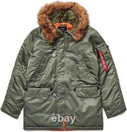Alpha Industries N-3B Slim Fit Cold Weather Military Parka Sage Green NWT can be translated to French as: 'Parka militaire Alpha Industries N-3B à coupe slim pour temps froid, vert sauge, neuf avec étiquette'