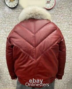 Hommes Bubble V Bomber Sheepskin Veste En Cuir De Vin Rouge Real Fox Fur Collar
