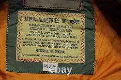 Veste bombardier en satin Alpha Industries MA1 pour homme, taille moyenne, vert vintage, vol de l'armée