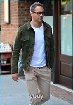 Veste de camionneur en cuir vert Ryan Reynolds en daim pur sur mesure pour hommes