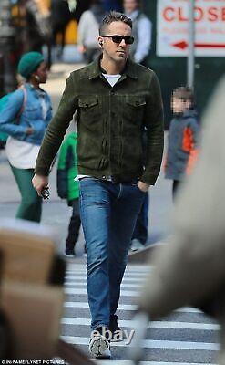 Veste de camionneur en cuir vert Ryan Reynolds en daim pur sur mesure pour hommes