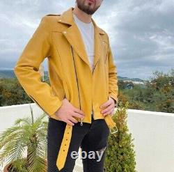 Veste de motard en cuir jaune pour homme en pur agneau taille XS S M L XL XXL